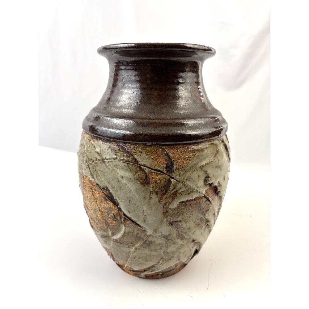 Vintage‎ Studio Art Pottery Vase Impressed Leaf Design Rustic Stoneware Glaze
